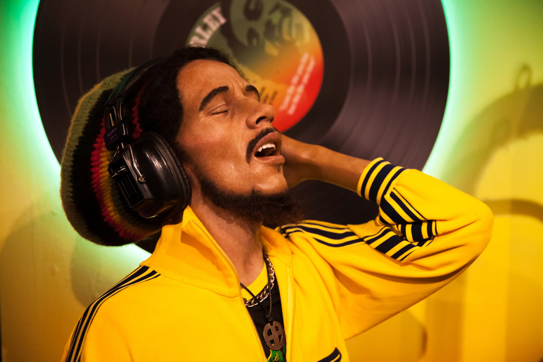 'King of Raggae'  Bob Marley recording before death from lack of early skin cancer detection.