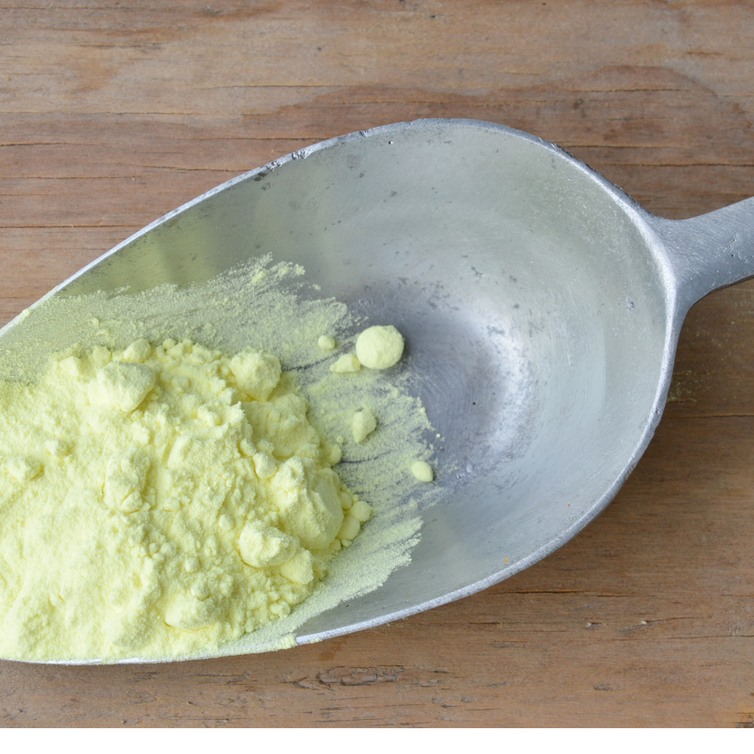Metal scoop with acne controlling sulfur powder and chunks