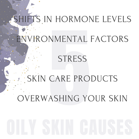 Infographic illustrating five common causes of oily skin in an artful design