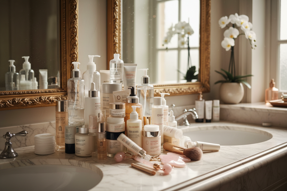 Bathroom sink cluttered with too many skincare products including serums, moisturizers, and cleansers