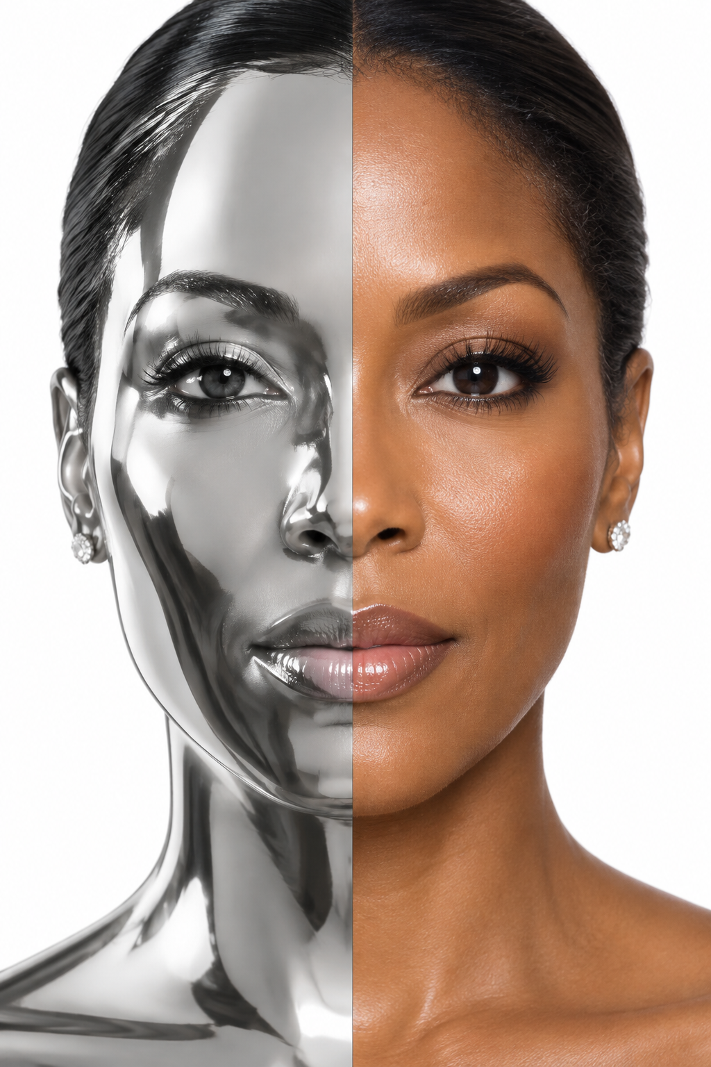 Portrait comparing glossy glass-skin finish with natural bare skin