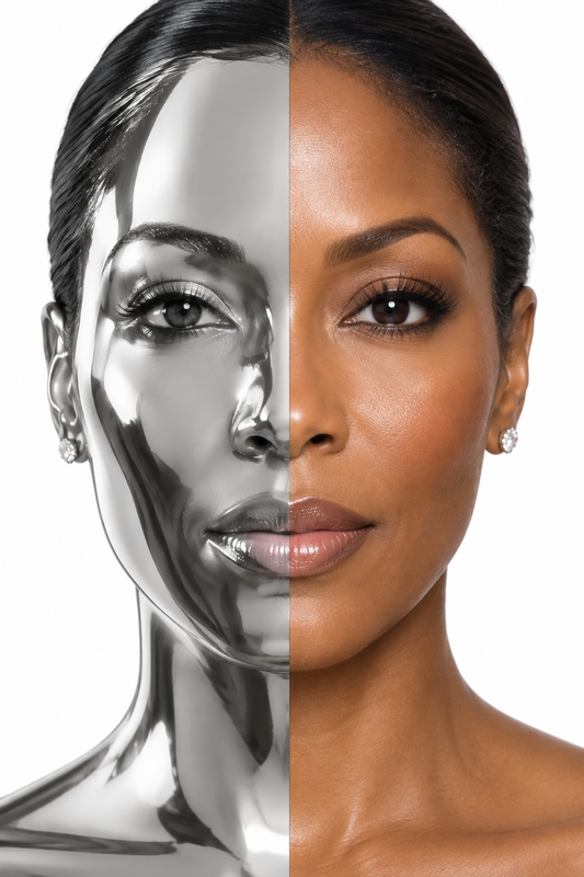 Portrait comparing glossy glass-skin finish with natural bare skin